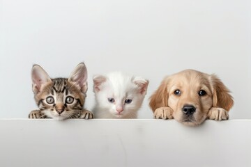 A cat, a dog and a kitten are standing on a white surface