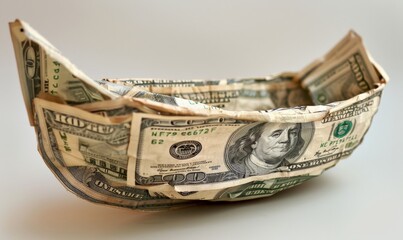 A hundred dollar bill folded into a boat, with other bills surrounding it