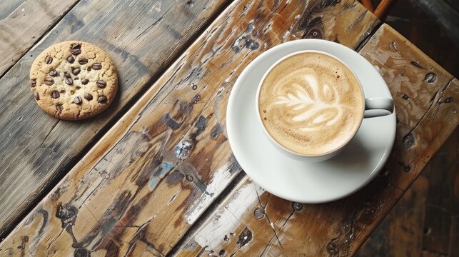 Coffee shop top view with latte cookie on wooden table