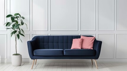 Pink pillow on navy blue therapist s sofa in white room