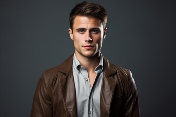 Obraz premium Portrait of a tender man in his 20s sporting a stylish leather blazer on soft gray background
