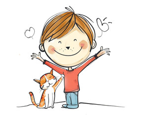 A girl is with her favorite cat. Children's drawing with cartoon style. White background.