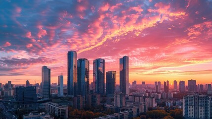 Fototapeta premium A city skyline at sunset, with the sky ablaze in shades of pink and orange behind tall city buildings.