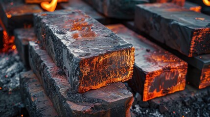 Hot iron blocks stacked in a foundry