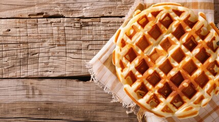 Close up image of a waffle on a wooden table with napkin with space for text