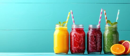Four colorful fruit smoothies or juices in glass jars on blue rustic wood. Summer drinks. detox, diet, healthy eating or vegan concept.