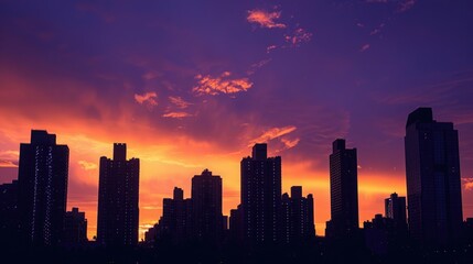 Obraz premium A city skyline at sunset, with the sky filled with hues of orange and purple behind the silhouettes of tall buildings.