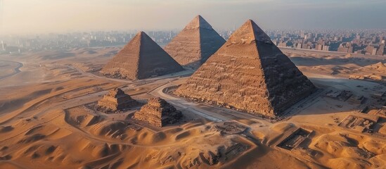 Aerial view of the majestic Pyramids in Egypt at sunset, showcasing the ancient wonders of the world and historical landmarks.