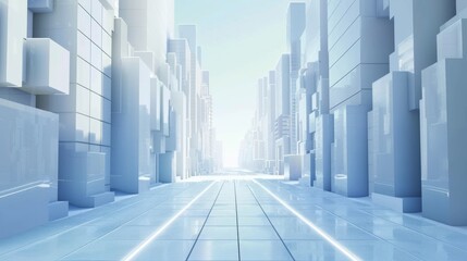 Naklejka premium A digital road going straight forward in a city, made of white glass squares, surrounded by skyscrapers made of white glass and blue squares, the sky in the distance is blue, 4K, rich details, Octane 