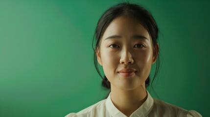 A woman with a green background is smiling