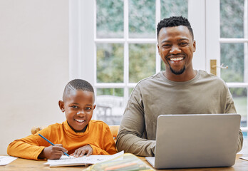 Portrait, boy or dad in black family with laptop, remote learning or typing on preschool website for education. Parent, kid or African father with son, child development or smile for writing homework