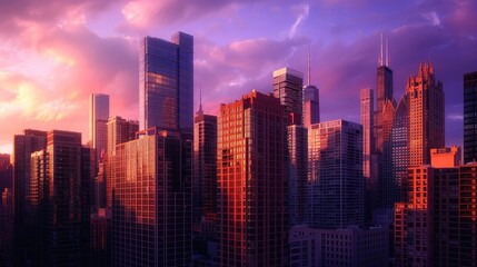 Fototapeta premium A city skyline at sunset, with the last rays of sunlight painting the buildings in warm hues against a purple sky.