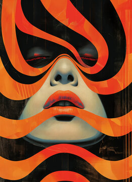 Wellen Muster &uuml;ber einem weiblichen Gesicht mit roten Lippen und geschlossenen Augen, Retro design