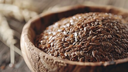 Obraz premium Close up of flax seeds in a wood bowl