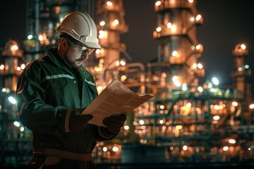 An oil and gas worker reading safety document before start work.