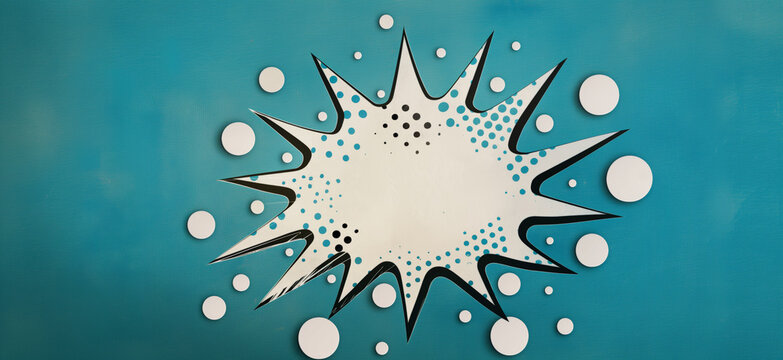 Blue comic-style explosion with white center and black dots, featuring white circles on a teal background