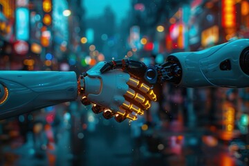 Close-up of a human hand shaking a robotic hand against a futuristic cityscape at sunset, symbolizing technology and human collaboration.