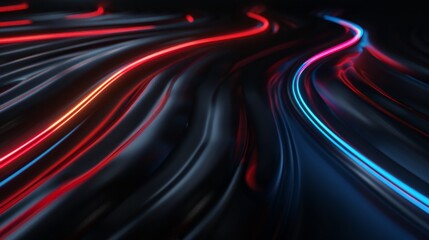 Abstract digital background with flowing lines of glowing red and blue lights, creating a sense of motion and connectivity