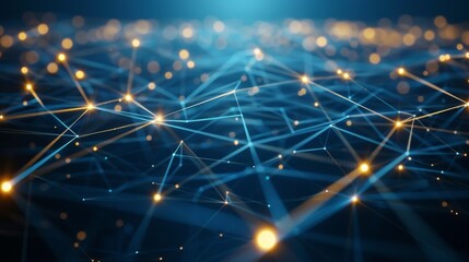 Close-up of an abstract geometric surface with interconnected triangular facets and glowing orange nodes