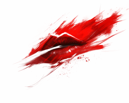 Abstract painting of red lips on a white background with dynamic brushstrokes, symbolizing passion and expression