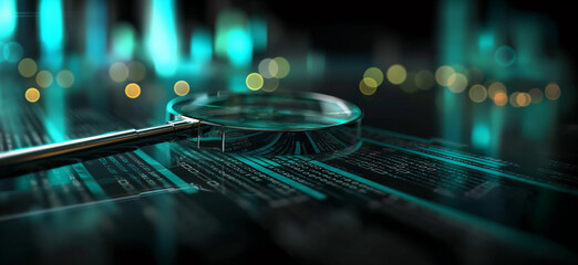 Magnifying glass focused on digital code with a blurred, futuristic background, symbolizing data analysis and cyber investigation