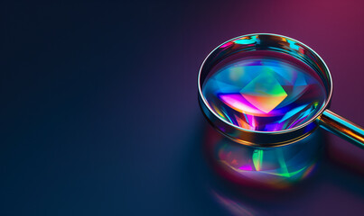 Close-up of a magnifying glass with a colorful, iridescent lens on a dark background, emphasizing detail and focus