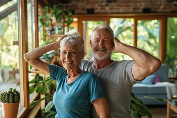 A couple of older people are posing for a picture in a living room