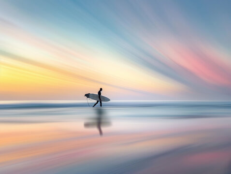Long exposure photo of a surfer walking on a beach at sunset, with vibrant sky and reflection on wet sand - Powered by Adobe