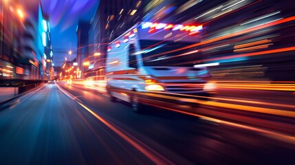 Obraz premium Ambulance speeding through urban streets with glowing light trails at night. Urgent medical response and emergency healthcare concept.