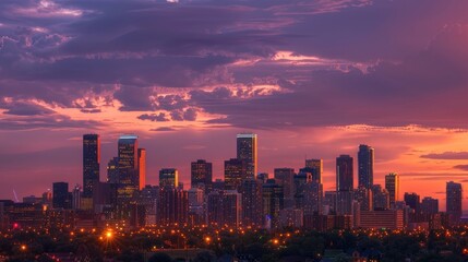 Fototapeta premium A city skyline at twilight, with the lights of buildings starting to glow against the darkening sky.