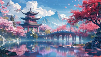 Obraz premium Colorful Minimalist Illustration of Serene Chinese Garden