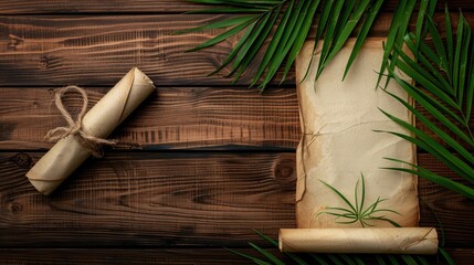 Ancient palm leaf bundle on wooden background for ancient writing