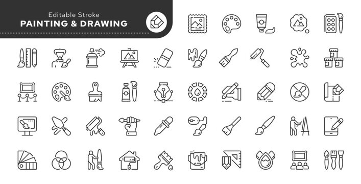 Painting and drawing line icon set. Artist, paints and brush, art tools, palette, pencil and picture. Outline vector icon in linear style. Conceptual pictogram collection.