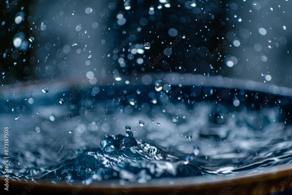 Aufkleber A beautifully captured image of rain droplets falling into a bowl, creating ripples and patterns on the water’s surface, highlighting the serene and rhythmic aspects of rain.