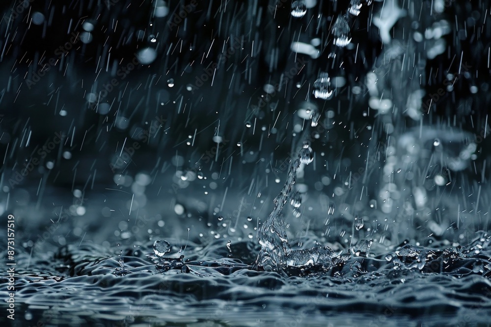 Poster a dramatic close-up capture of heavy rain pouring down and creating splashes on a water surface, hig