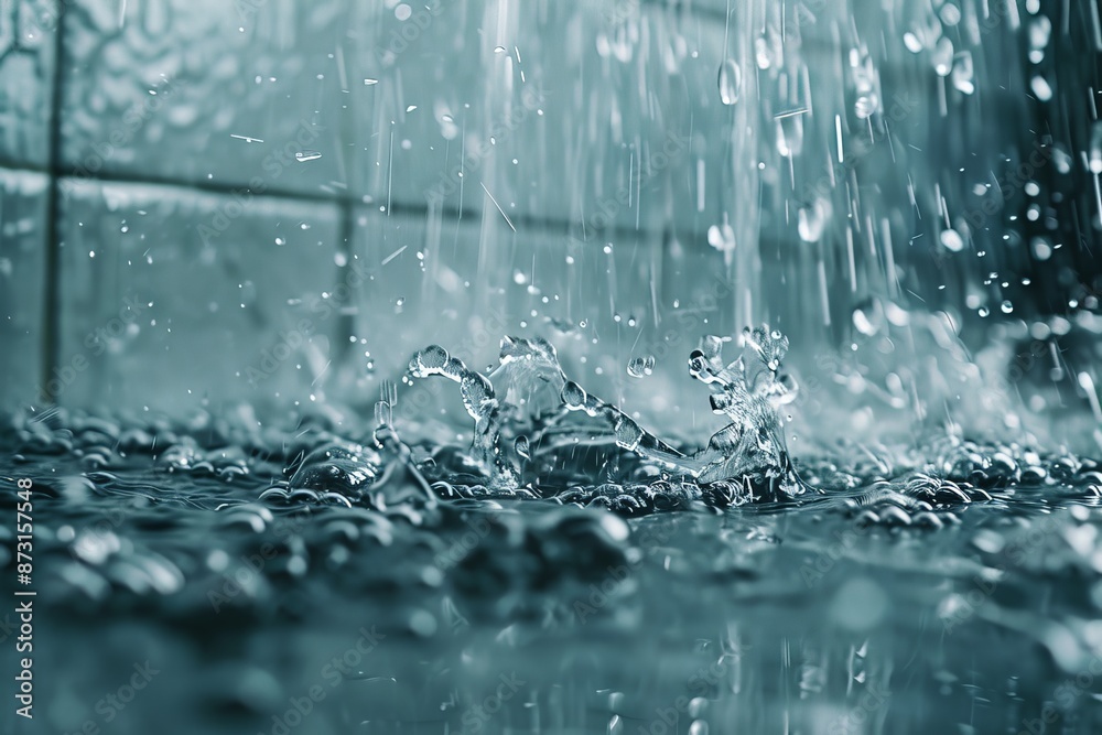 Fototapete A close-up capture of water splashing and creating ripples on a surface, with a background of tiled walls, showcasing the beauty of motion and fluidity.