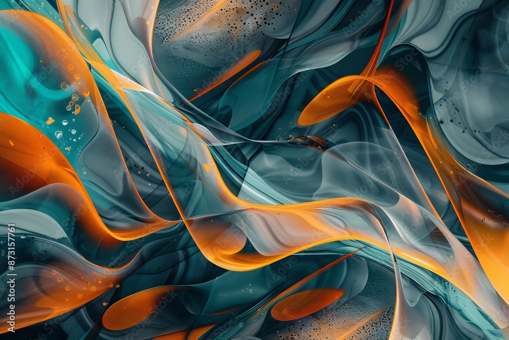 Poster A beautiful abstract artwork featuring fluid, swirling patterns in turquoise and orange colors, creating a dynamic and mesmerizing aesthetic that captivates the viewer's attention.