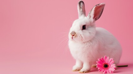 Obraz premium Adorable Bunny with Flower on Pink Background