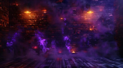 Obraz premium Dark basement, aged brick walls, purple and orange sparks of fire, light reflections on the wooden floor, light smoke, neon yellow lamps, simple night design, ultra hd high quality image