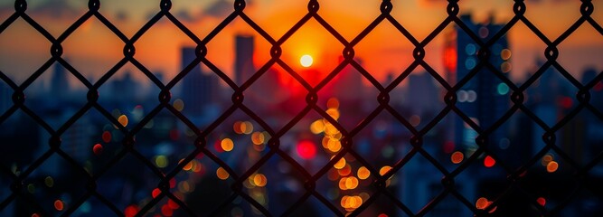 City skyline through chain link fence at sunset,bokeh lights,abstract and atmospheric,copy space.