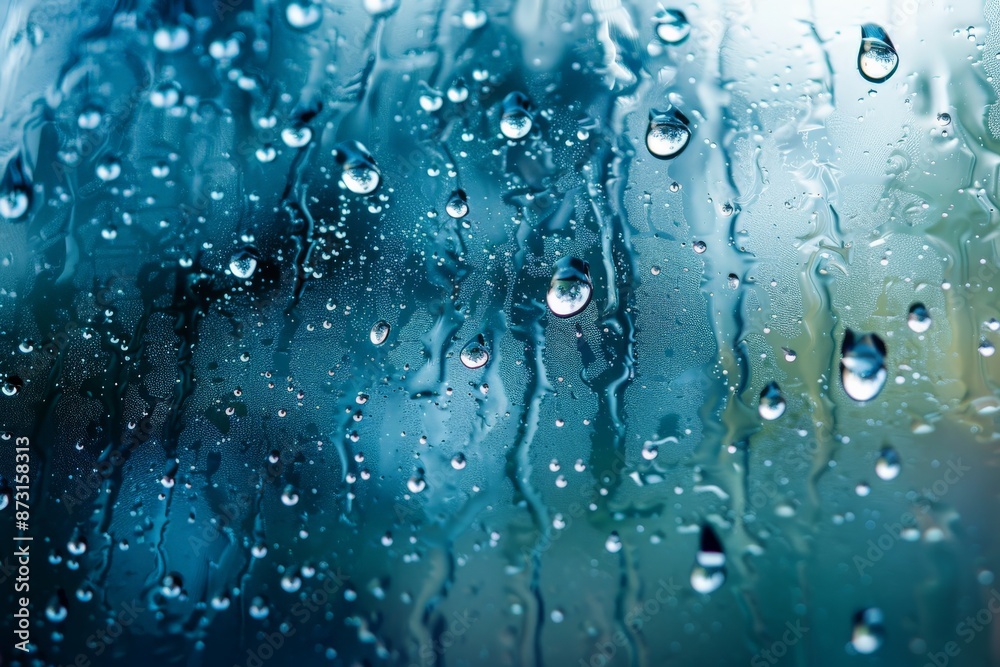 Poster Raindrops forming intricate patterns on a glass window, capturing the essence of a rainy day with a focus on the droplets and the gentle distortion they create.