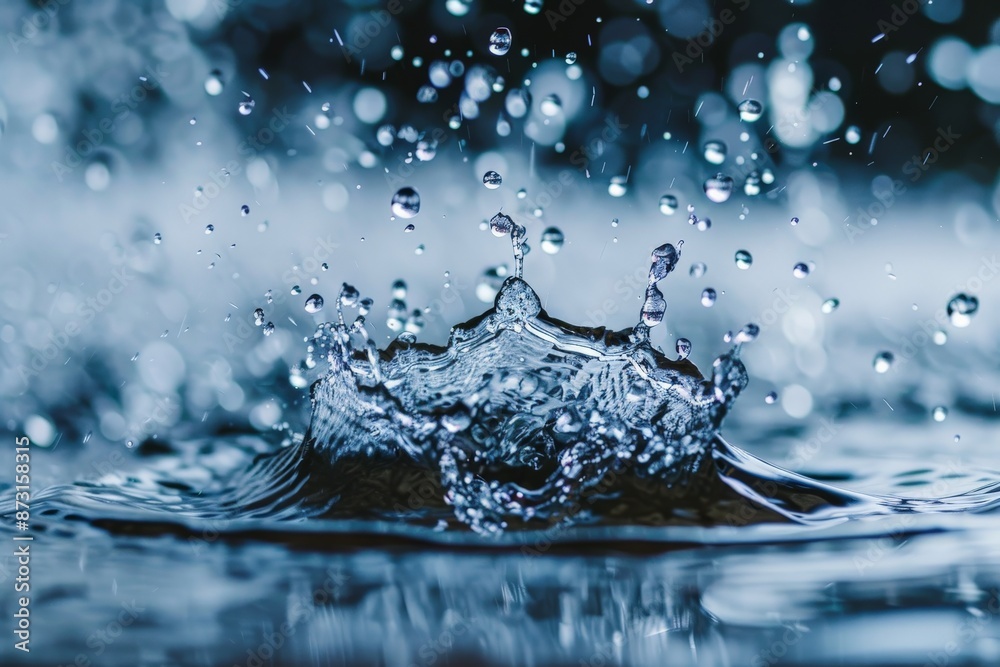 Poster a high-speed photograph capturing a water droplet at the peak of its splash, highlighting the stunni