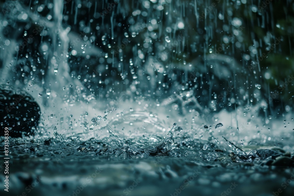 Aufkleber A close-up of raindrops splashing into a puddle, creating ripples that spread outwards, capturing the interaction between water droplets and their environment.