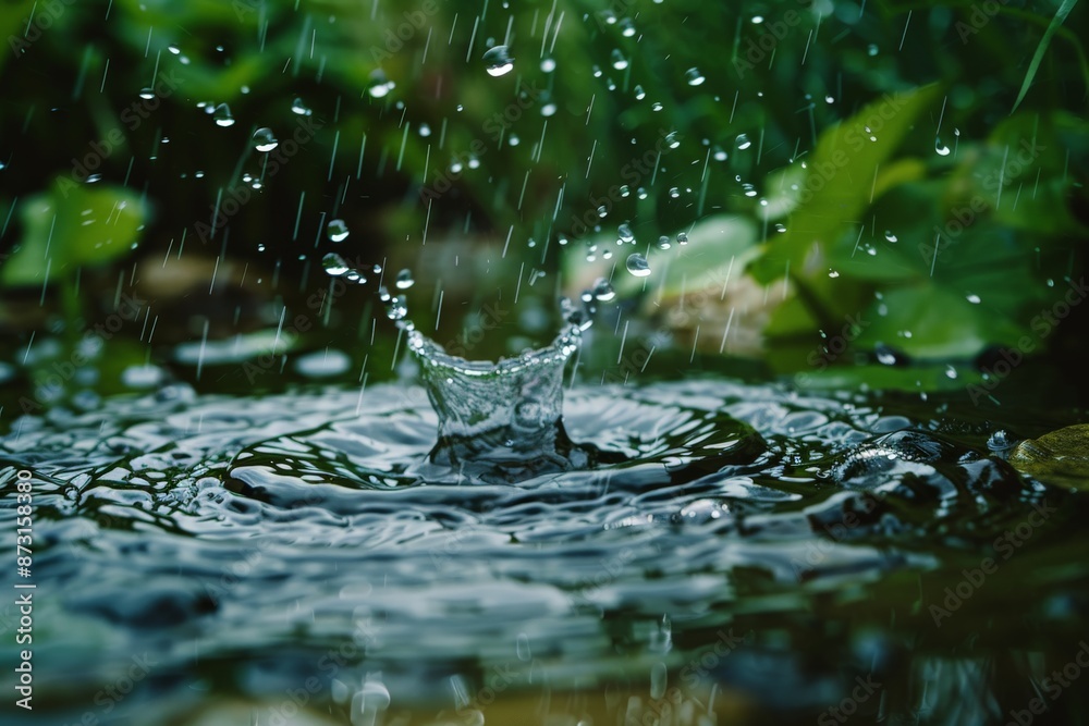 Poster an elegant portrayal of water droplets creating ripples in a pond surrounded by green leaves, encaps