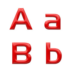 3d alphabet, set of lowercase and uppercase red plastic letters and numbers on white background, 3d rendering