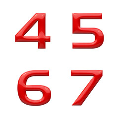 3d alphabet, set of lowercase and uppercase red plastic letters and numbers on white background, 4 5 6 7, 3d rendering