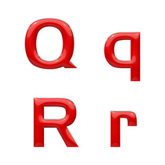 3d alphabet, set of lowercase and uppercase red plastic letters and numbers on white background, q r, 3d rendering