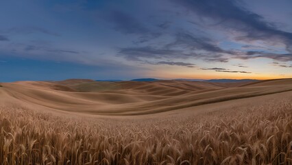 Obraz premium Golden Wheat Field Landscape Sunset Clouds Sky