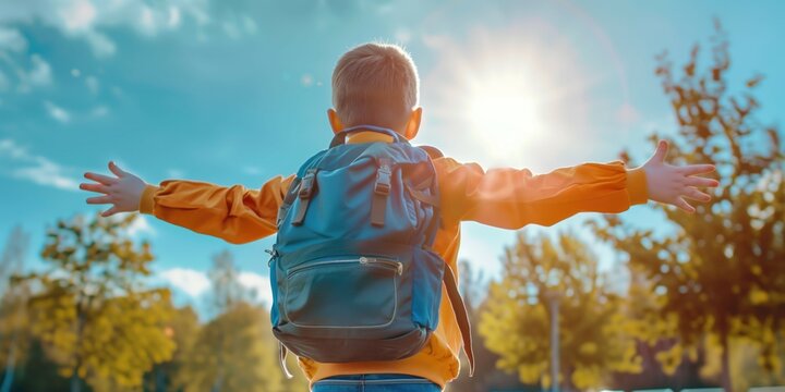 Elementary school or preschool daycare boy with hands wide open happy to go back to school with backpack on his back