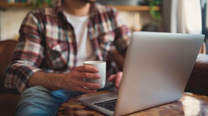 Modern home based workspace with laptop man in casual attire working remotely with coffee mug